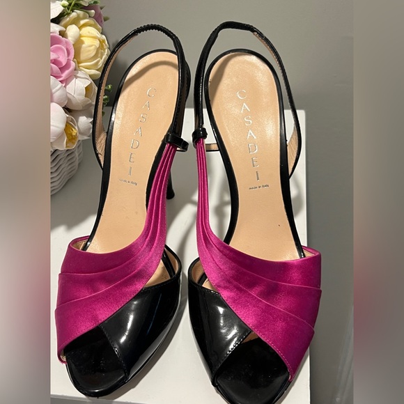 CASADEI Italian Black and Pink Velvet Slingback Heels - Picture 2 of 9